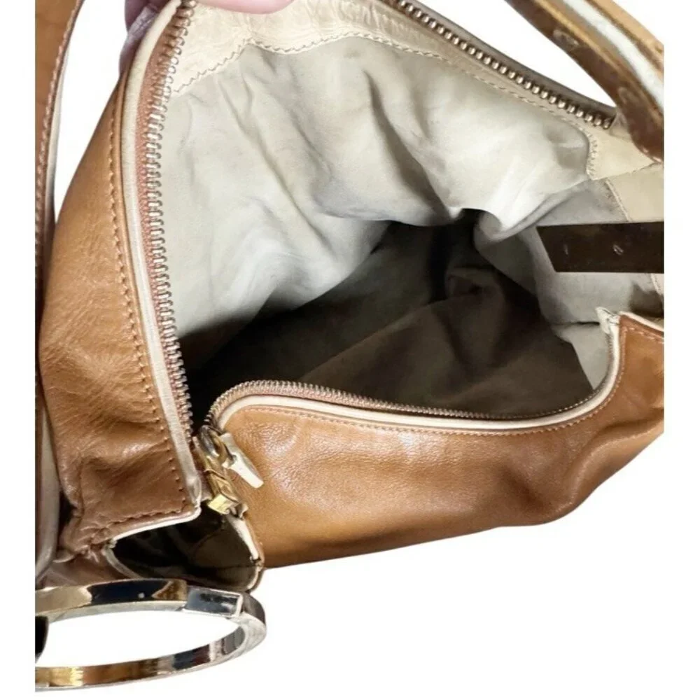 TOD'S Small Tan Leather Pocket Shoulder Hobo Bag Gold Rings Strap Made In Italy